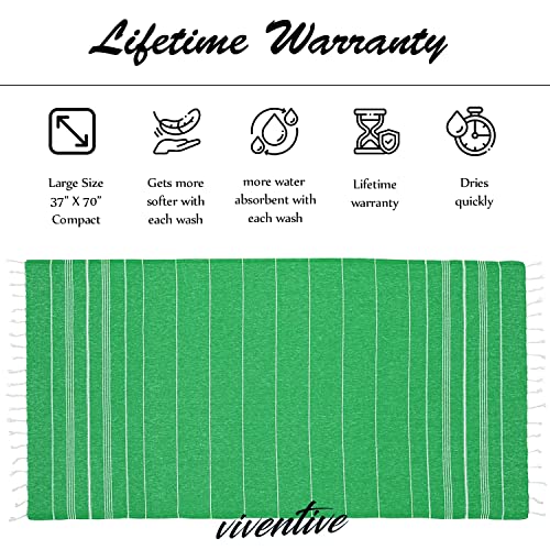 Turkish Beach Towel 37 X 70 Inches - 100% Cotton - Soft And Quick-Dry Sand Free Sand Proof - Thin Lightweight Large Oversized Turkish Towel For Women, Beach Body, Bathroom, Travel, Gym, Green #TOP4