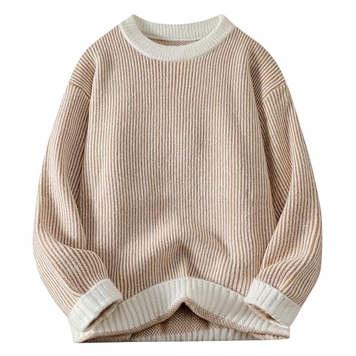 Mens Cable Knitted Heavey Sweater Fall Winter Thermal Color Block Patchwork Cable Chunky Knit Long Sleeve Sweaters
