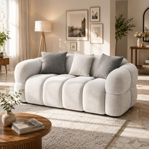Image of FURNY Luxury Nimbus 2 Seater Bubble Cloud Sofa Set for Living Room | Boston Fabric Upholstered | Modern Cushioned Comfortable Couch for Home Office & Drawing Room | Light Grey