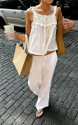 Women Summer Boho Lace Tank Top Vest Tie Front Vacation Beach Cami Tops Sleeveless Button Down Cardigan Crop Top4