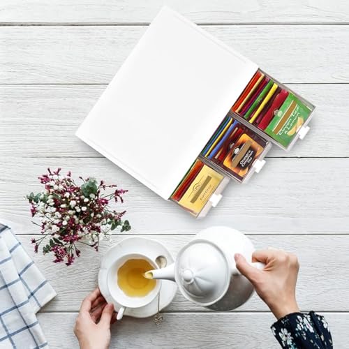 Zoutpy Tea Bag Storage Tea Box with 3 Drawers, Tea Bag Tea Holder, Plastic Tea Bag Boxes for Tea Bags, Sugar, Coffee Pods (White) - Image 2