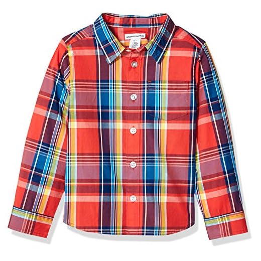 Amazon Essentials - Camisa de popelina/batista de manga larga para niño, Madras Red, US L (EU 134-140 CM)