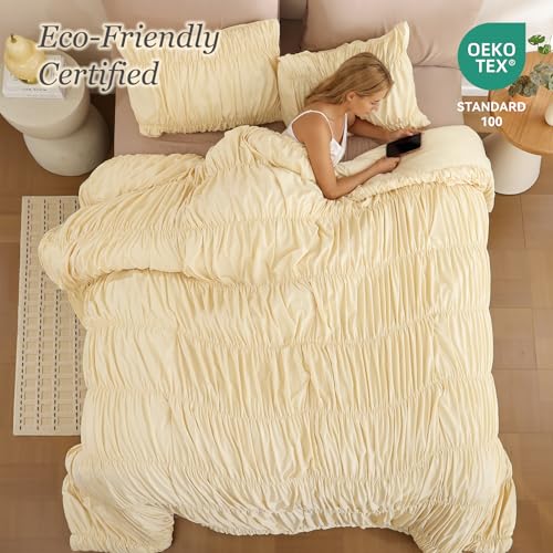 Image of weigelia Cinched Comforter Set Queen - Soft Ruched Bedding Set, 3PCS Light Yellow All-Season Fluffy Lightweight Comforter with Pillowcases for Bedroom, Apartment & Dorm Decor