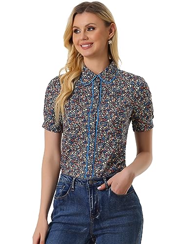 Allegra K Peter Pan Collar Blouse for Women's Contrast Trim Puff Sleeve Peasant Floral Shirt