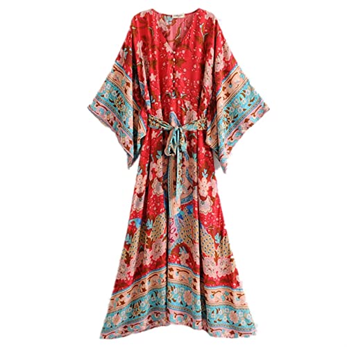 Robe bohème chic vintage WQHPLMD en tissu fluide imprimé rouge premium