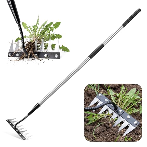 YALEENT Iron Weeding Rake with Long Handle, 8 Teeth