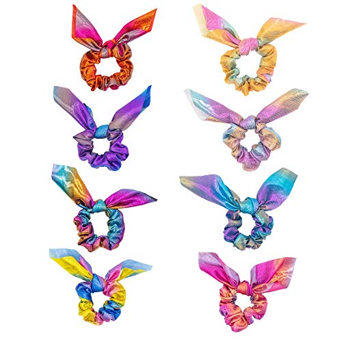 Hair Scrunchies Vibrant Mermaid Knotted Hair Ties Mermaid Satin Silk Bunny Ear Bow Ponytail Holder Scrunchies Elastic Hair Bands Silk Shiny Metallic Scrunchies for Women Girls Hair Accessories, 8 Pcs