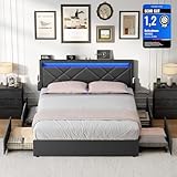 VASAGLE Doppelbettgestell, Bettgestell, 180 x 200 cm, LED, Metallbett, 4 Schubladen, Ladestation, verstellbares gepolstertes Kopfteil, dunkelgrau RMB825GN02