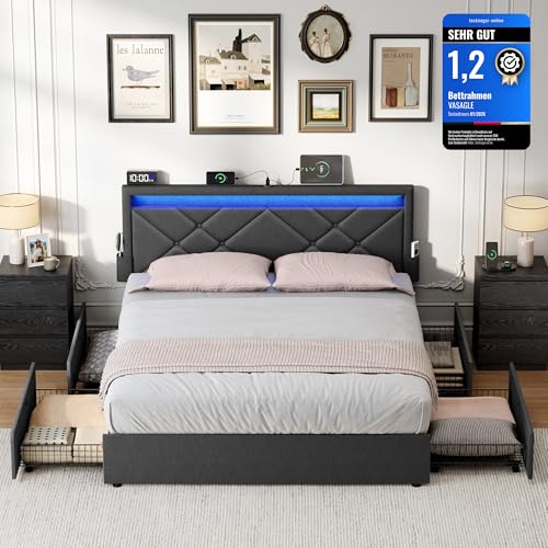 VASAGLE Doppelbettgestell, Bettgestell, 180 x 200 cm, LED, Metallbett, 4 Schubladen, Ladestation, verstellbares gepolstertes Kopfteil, dunkelgrau RMB825GN02