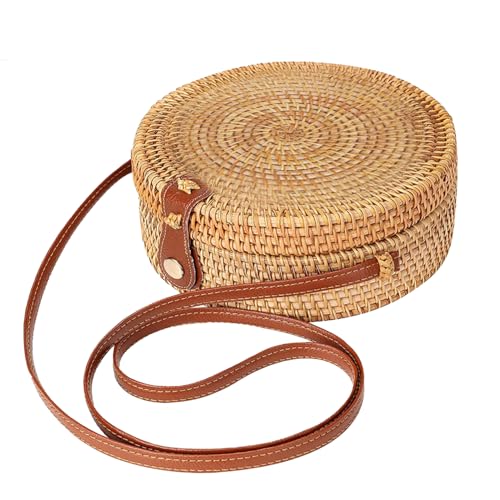 Sac rond en rotin haut de gamme avec sangle en cuir et boucle pour femme