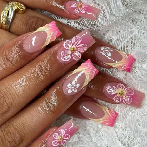 Ombre Pink Orange Press on Nails Medium Square Fake Nails with Wh...