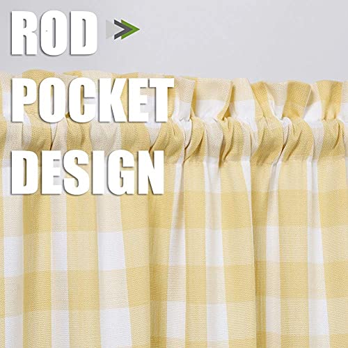 Zjdecor Yellow Gingham Buffalo Plaid Check Valance Tie Up Cafe Kitchen Curtain, Farmhouse Adjustable Plaid Check Tie Up Window Curtains For Bathroom Living Room, Rod Pocket, 56" X 18", Yellow/White #TOP2