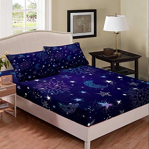 Castle Fairy Blue Universe Deep Pocket Fitted Sheet Sheet Full Sun Moon Stars Print Kids Duvet Sheet Galaxy Space Theme 3 PCS Bed Sheet Sets(1 Fitted Sheet 2 Pillow Cases)