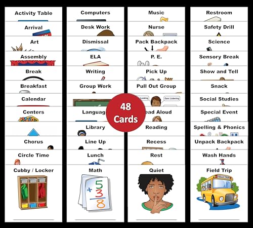 Daily Classroom Picture Schedule, for Special Education, Pocket Charts, Kids Daily Routines, Calendar, Visual Supports: 48 Large 4.75\" Laminated and Dry Erase Behavior Communication Cards