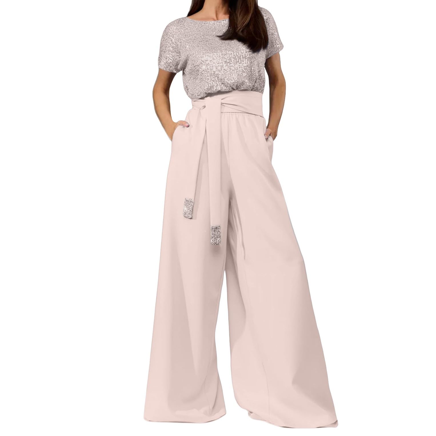 Generico Completo da Donna Elegante Cerimonia Due Pezzi Completo di Pantaloni Con Tasche Sexy Vestito Casual Completi Maniche Corte Formale Tute Baggy Taglie Forti Playsuit Curvy Cocktail