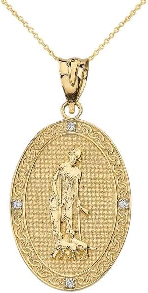 Saint Lazarus Engravable Oval Medallion with Diamond Fine Pendant Real Solid 14Kt Gold