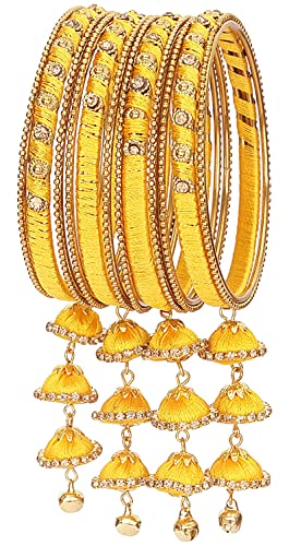 Image of NMII Metal & Silk Thread Jhumka Zircon Latkan Stylish Bangles Set For Women's and Girls | Women's Fancy Latkan Bangles Set | Ethnic Fashion Jewellery- Set of 12 Bangle, (G405 Yellow-2.8(2.8))