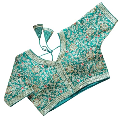 sangam prints Aqua Sea Green Satan Silk Free Size Stitched Blouse with Traditional Embroidery Work-picture-17