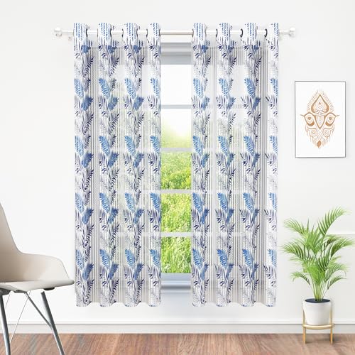 Image of Window Curtains 5 Feet Set of 10 | Leaf Design Transparent Sheer Curtain | Blue & White Polyester Window Curtain | Curtains for Living Room | 118 x 152 cm | Perfect for Home Decor
