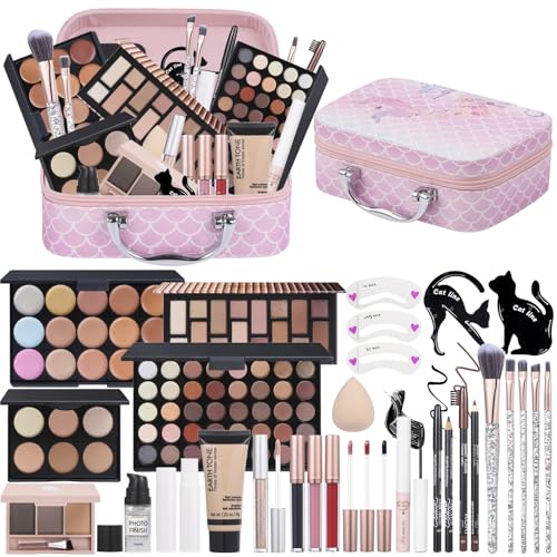 Kit de maquiagem de viagem, conjunto de maquiagem para meninas adolescentes, conjunto de maquiagem de presente para mulheres com caixa de maquiagem, paletas de sombra, base, corretivo, conjunto de