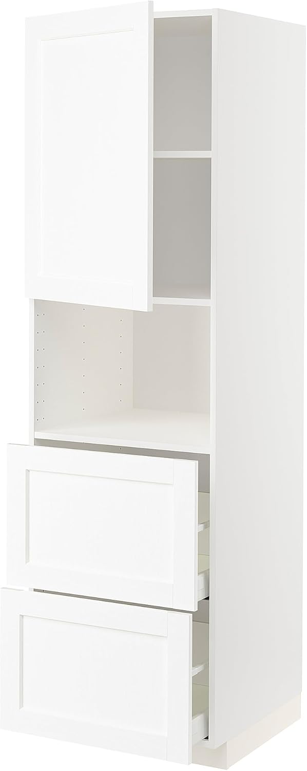 METOD/MAXIMERA Hi cab f micro w door/2 drawers, white Enköping/white wood effect, 60x60x200 cm