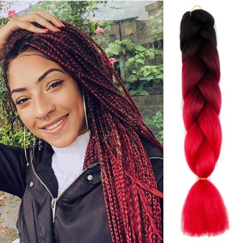 Alissa 24Inch 5pcs Black-Wine Red-Red Ombre Kanekalon Jumbo Braiding Hair Extensions Syntehtic Hair High Temperature Braids