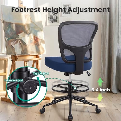 Image of Armless Drafting Chair Tall Office Chair for Standing Desk - Adjustable Height Mesh Ergonomic Drafting Stool with Foot Ring & Wheels, Rolling Counter Height Computer Chair for Home Office