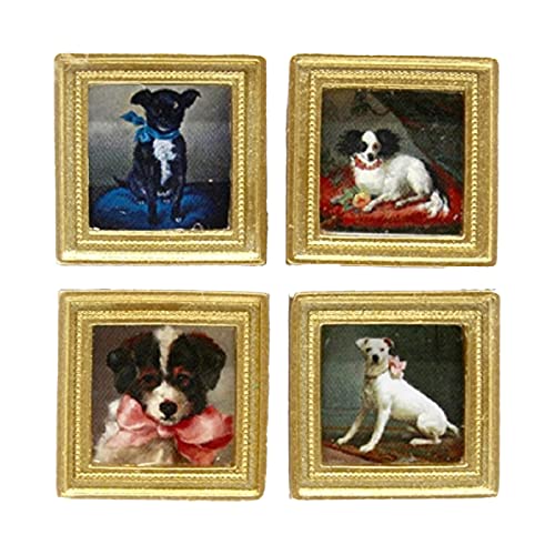 Melody Jane Dollhouse 4 19th Century Dog Pictures Paintings Gold Frame Miniature Accessory
