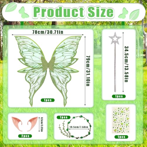HuaMuDM Feenflügel Kostüm,Feenflügel Grün,Schmetterlingsflügel,Prinzessinnenflügel,FeeStirnband und Sterne Feenstäbe,Aufkleber