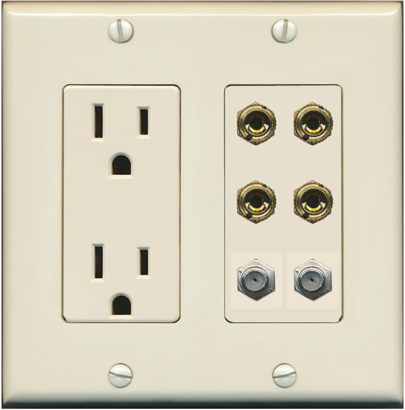 RiteAV 4 Port Banana 2 Speaker Binding Post 2 Coax Wall Plate - Outlet [Ivory/Ivory]