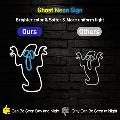 Image of Halloween Ghost Neon Light - Flickering Boo Neon Signs for Wall Decor 16.3x13 Inch, USB Powered LED Halloween Ghost Neon Light for Bedroom Christmas Gift for Party Decor Kids Game Room Bar, White