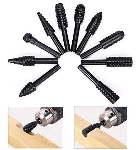 Asnomy 10Pcs Woodworking Twist Drill Bits, Wood Carving File Rasp Drill Bits 6.3Mm(1/4") Shank Electrical Tools Woodworking Rasp Chisel Shaped Rotating Embossed Grinding Head thumb #1