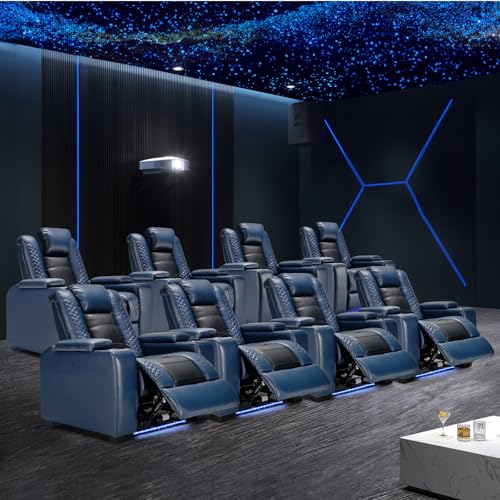 Image of ANJ Power Recliner Chairs Set of 8 for Adults, PU Leather Home Theater Seating with Adjustable Powered Headrest,LED,Storage,USB,Cup Holders,Blue