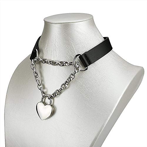 Goth Choker Necklaces for Women, Black Choker and Heart Padlock Day Collar with Key, Black PU Leather Choker Collar for Women4