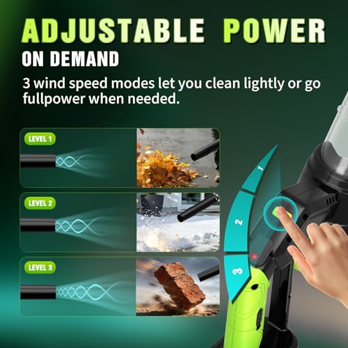 Cordless Leaf Blower, 3.3lbs Ultra Lightweight 550CFM 150MPH Handheld with Dual 3.0Ah Batteries & Fast Charger, 3-Speed Electric Leaf Blower for Lawn Yard Patio Driveway Snow (Green) - Image 6