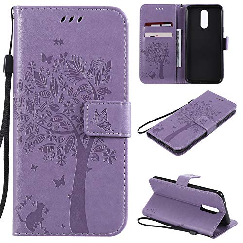 Zchen Funda LG K40, Funda Piel con Tapa Suave TPU y Cuero de PU Tipo Libro Billetera Resistente a los Golpes Carcasa para LG K40 (Gato-Morado) Cover