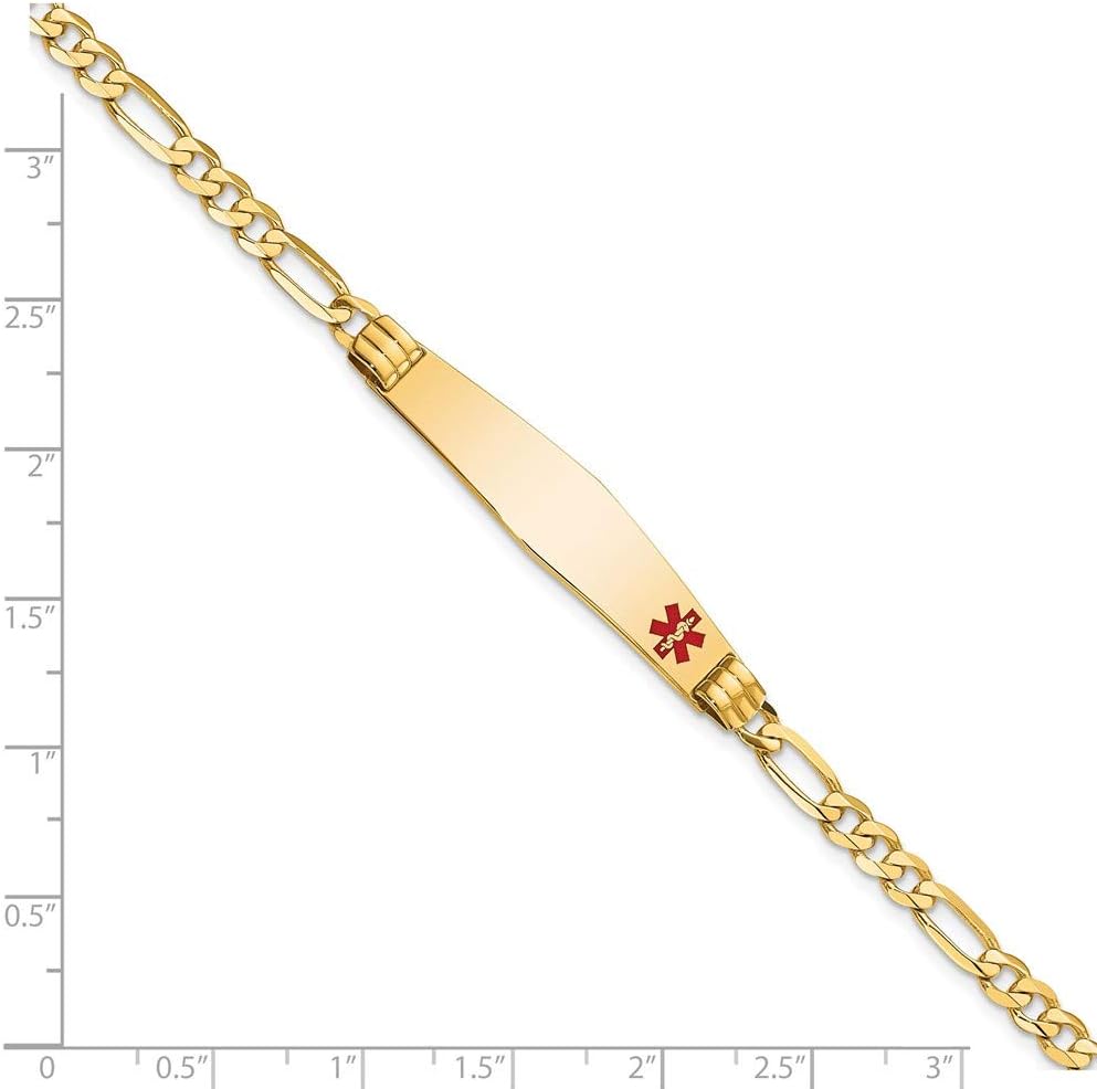 Engravable Personalized Custom 14K Yellow Gold Medical Soft Diamond Shape Red Enamel Figaro ID Bracelet For Men or Women Length 8 inches Width 9 mm