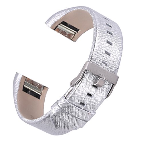 bayite Leather Bands Compatible with Fitbit Charge 2, Replacement Accessories Straps Women Men, Silver