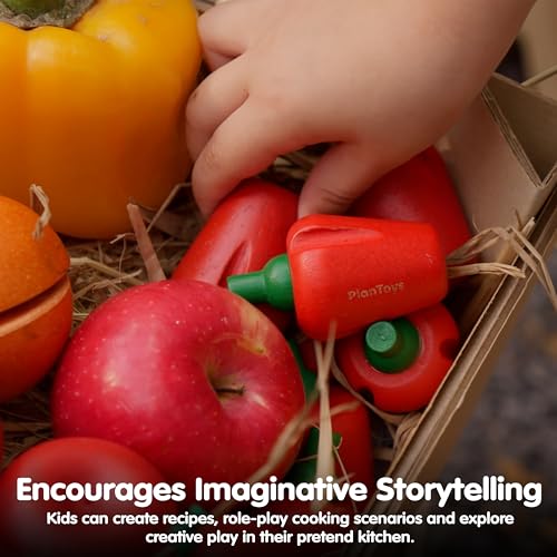 Image of PlanToys Wooden Fresh Produce Corn, Mushrooms & Bell Peppers Kids Play Set | slicing, knife, fruits and vegetables toys, pretend food, girls, boys, fine motor role imaginative social gift preschool