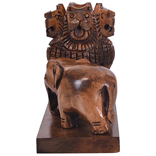 Image of Craft Trade 14x10 Cm Wooden Pen Stand with Ashok Stambh Pillar and Elephant Statue - Brown