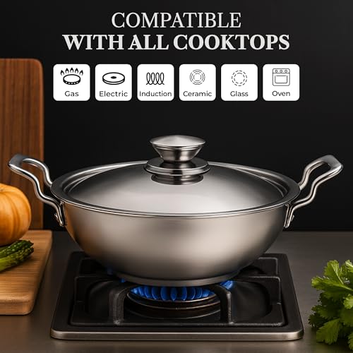 Image of SOLARA Sterra Stainless Steel Kadai /Kadhai with Lid, 22cm /8.6 inch, 2.3Ltr, Induction Base Friendly, 3-Layer Triply Thick Sandwich Bottom, 100% Toxin-Free, No Chemical Coating