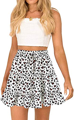katiewens Women's Boho Floral Printed High Waist Ruffle Elastic Cute Casual Mini Skirt