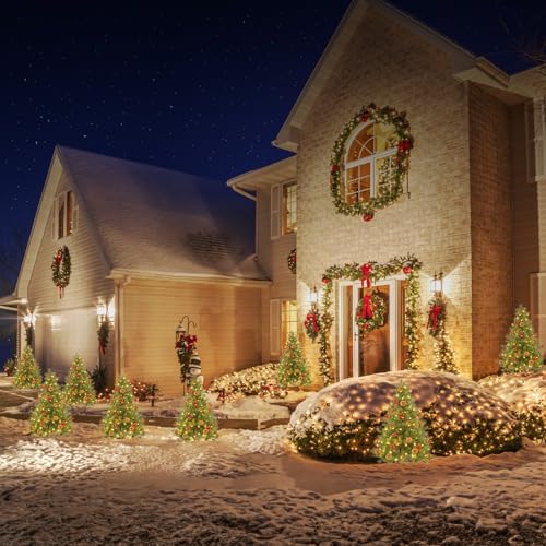 Enven CT015 24 Inch Outdoor Christmas Tree 2 Set, Pre-Lit Mini Flocked Christmas Tree Artificial Pathway Xmas Tree 50 Led thumb #5