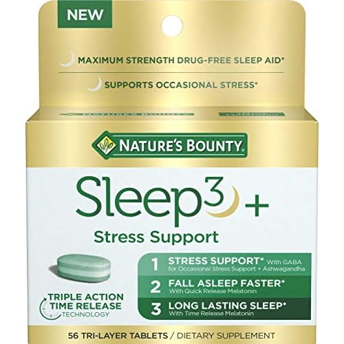 Nature’s Bounty Stress Support Plus Melatonin, Sleep3 Maximum Strength 100% Drug Free Sleep Aid, Dietary Supplement with Ashwagandha, Time Release Technology, 10mg, 56 Tri-Layered Tablets