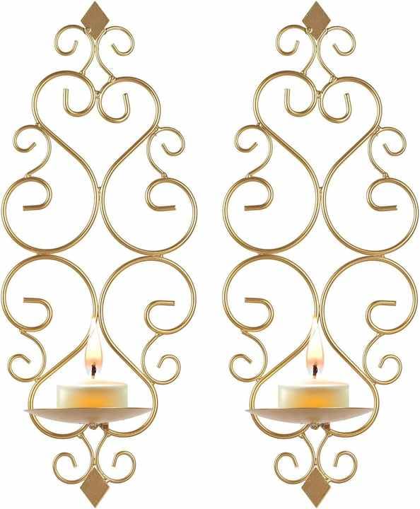 CRAFTYKART Candle Sconces Set of 2 - Decorative Gold Wall Mounted Candle Holder for Pillar Candles - Hanging Metal Decorations for Living Room Bedroom-image-1