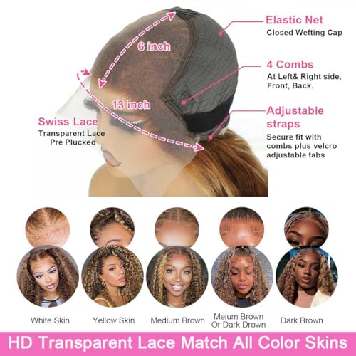 Image of 24 Inch Highlight Ombre Lace Front Wig Human Hair Deep Wave 13x6 HD Honey Blonde Lace Frontal Wigs P4 /27 Curly Human Hair Wig Glueless Wigs Human Hair
