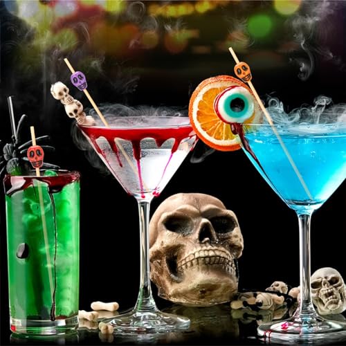 200 Halloween Cocktail Picks, Handmade Skull Toothpicks for Appetizers Charcuterie Boards Accessories, 4.7 IN Bamboo Skewers Cocktail Sticks for Drinks Food fruit Halloween Party Decoration Supplies