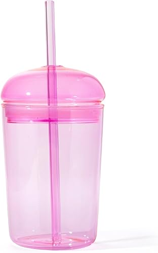 Maplefield Vaso de vidrio con tapa de cúpula, de 16 onzas, apto para lavavajillas, reutilizable, vaso para café helado, vaso resistente a derrames