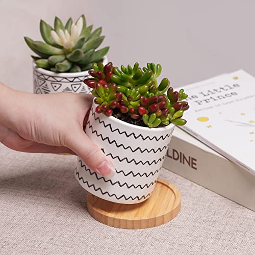 Succulent Pots, 4 Pack Ceramic Planters For Indoor Plants, 3.5 Inch Boho Original Design Flower Pots With Drainage Hole, Bamboo Tray. Stylish Plant Pots For Succulents, Aloe, Cactus, Home Office Decor #TOP1