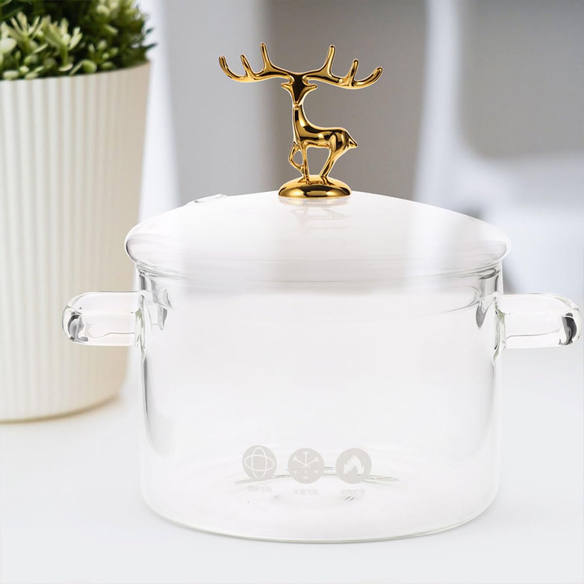 SEWACC Suppentopf aus Hitzebeständigem Glas mit 1900ml Fassungsvermögen Doppelohrgriff für Einfaches Handling Elk Style Deckel zum Kochen von Suppen im Haushalt